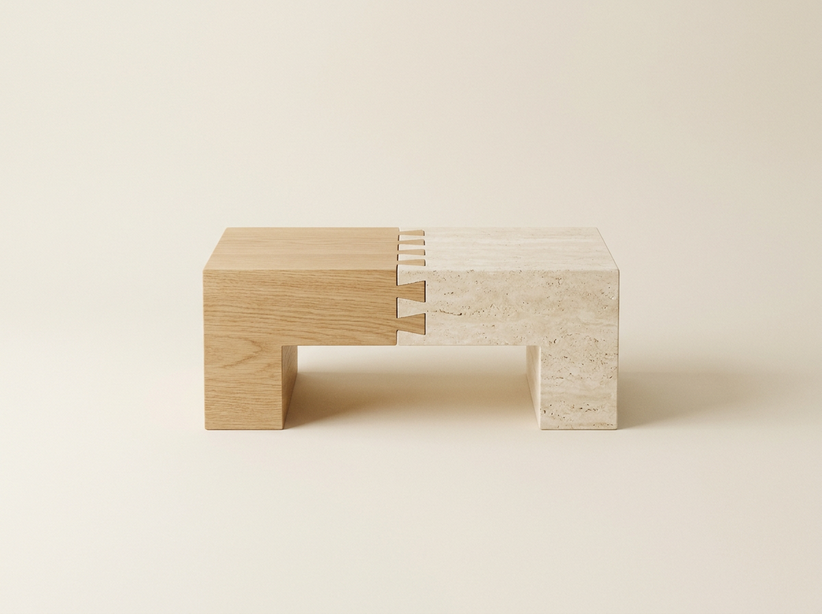 Encuentro entre una pieza de madera y una de piedra.